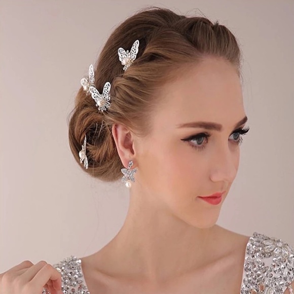 4 Pcs Crystal Butterfly Bridal Hair Pin Set - Picture 4 of 15